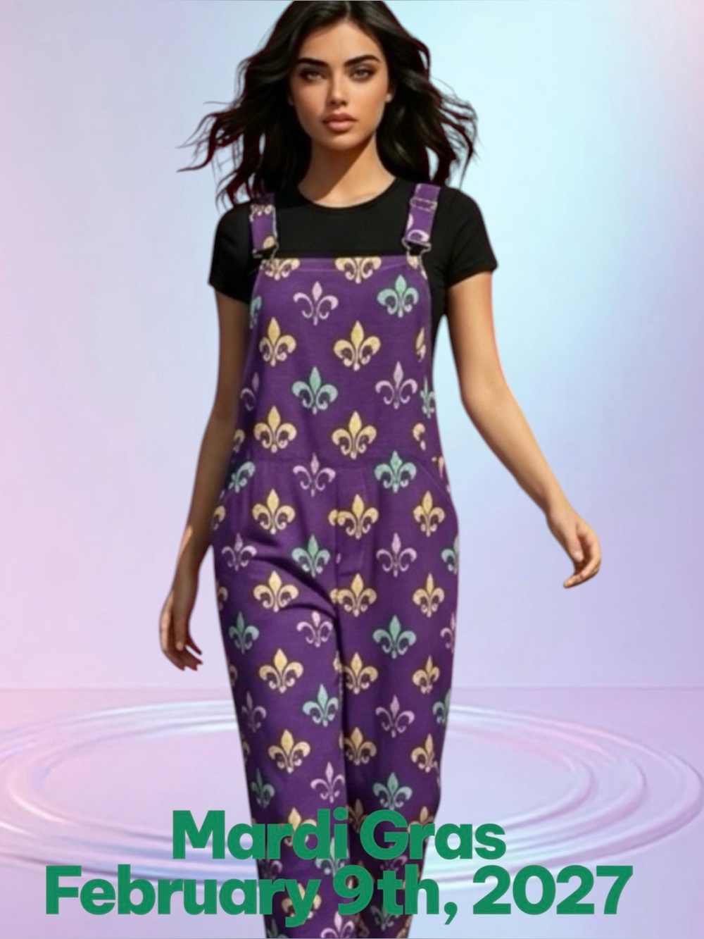 Mardi Gras Purple Fleur-Print Women's Novelty Print Romper Jumpsuit